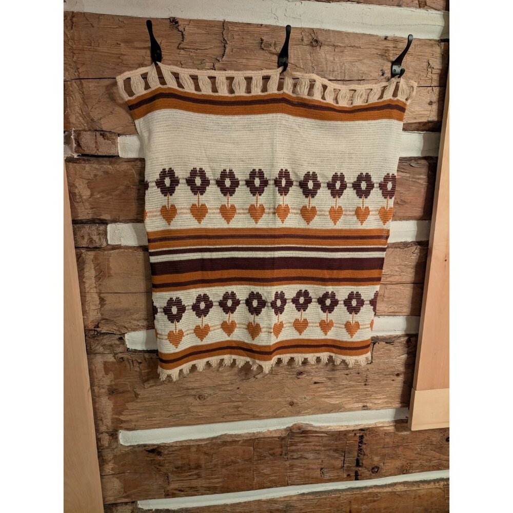 Vintage 70s Boho Woven Wall Hanging Tapestry Hearts Folk Cabin Decor